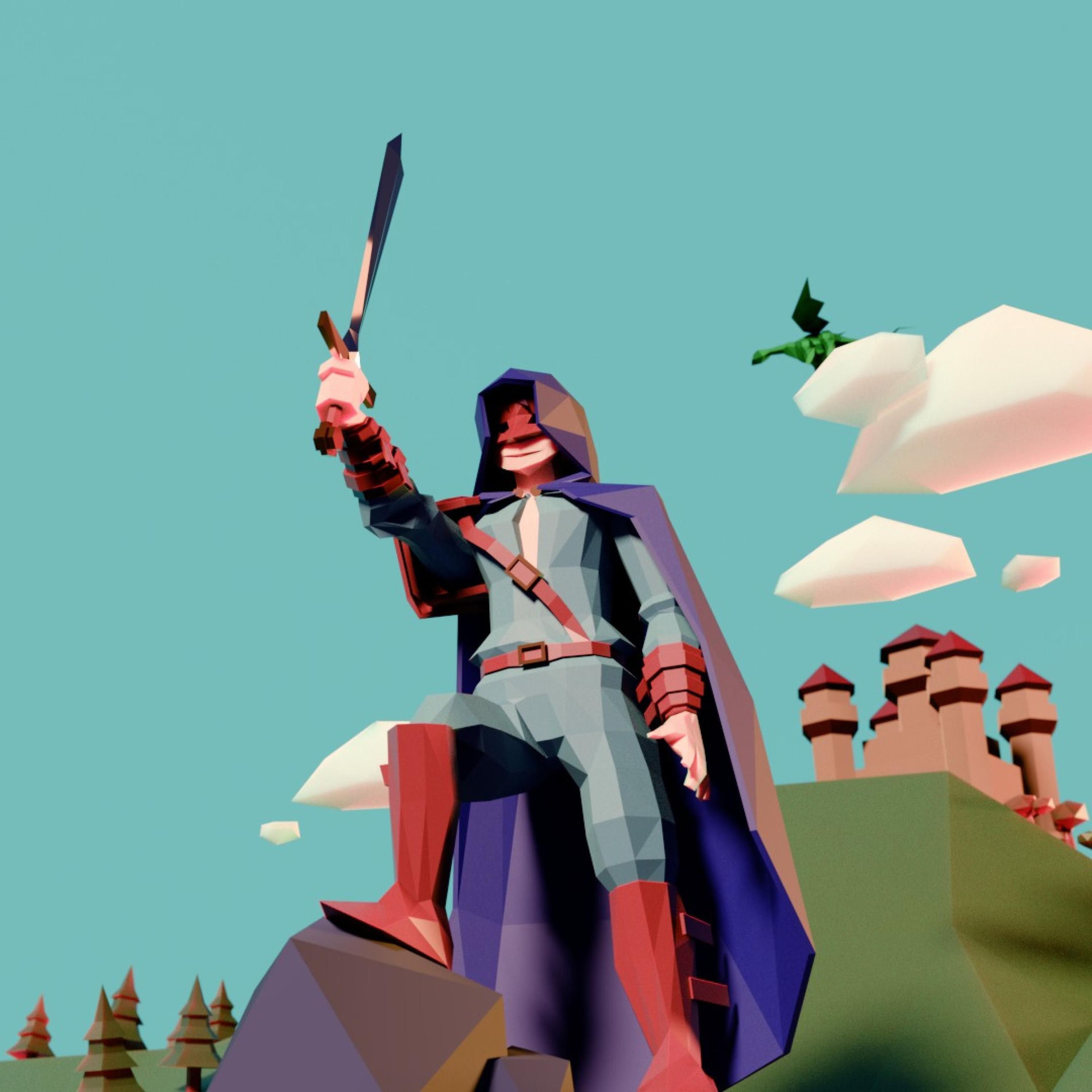 A stylized character in a hooded cloak holding a sword, standing on a hill with clouds and buildings in the background.