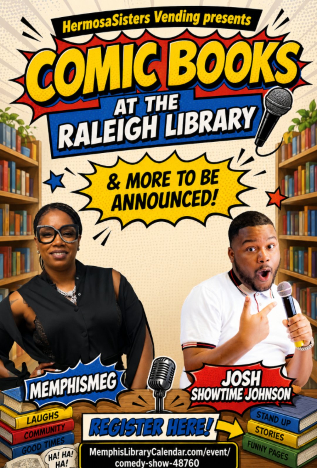 Poster for comic book event at Raleigh Library featuring two people, bookshelves, and event details.