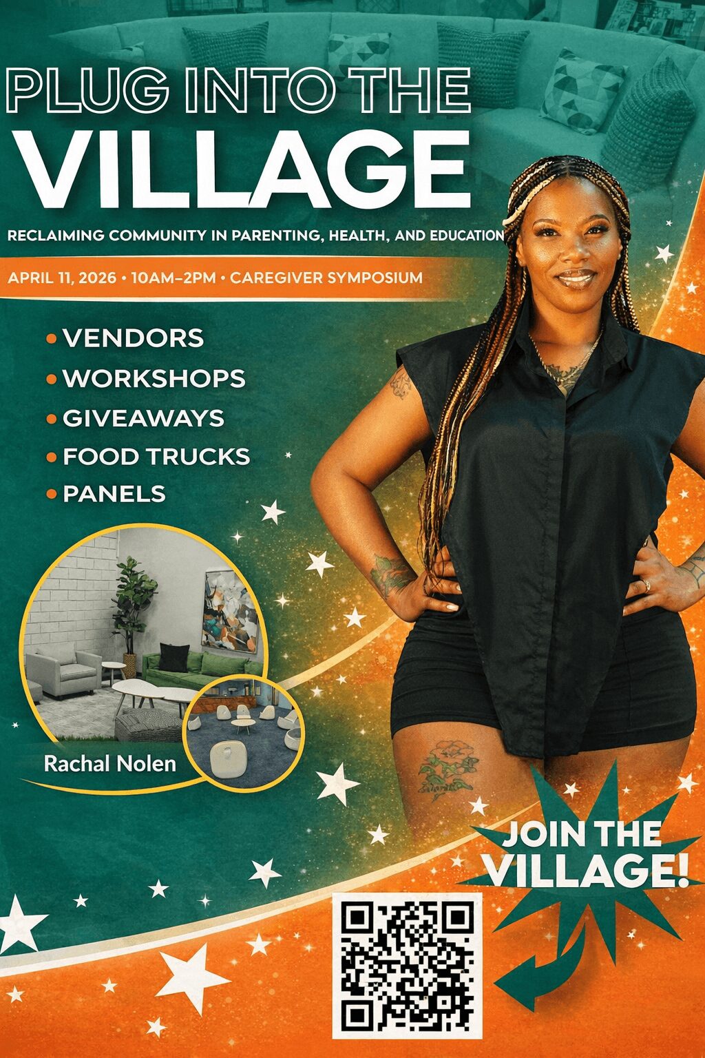 Woman smiling with hands on hips, promotional poster for village event, includes event details and a QR code.