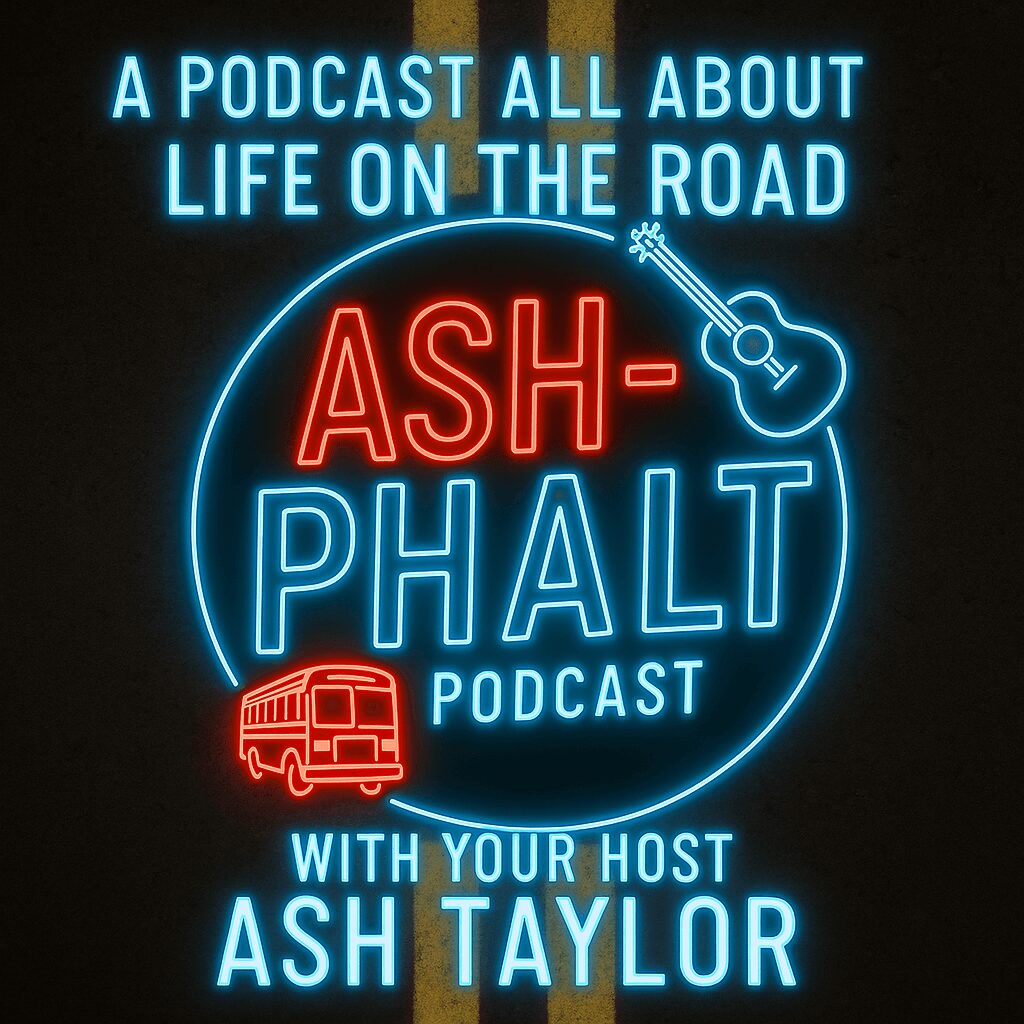 Neon sign with text about a podcast, a guitar, and a bus, featuring host Ash Taylor.