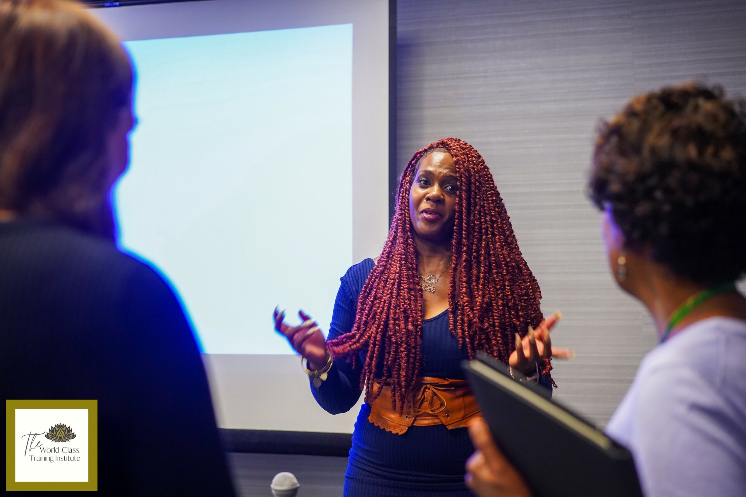 Woman with long braided hair speaking to a group in a conference room, with a blank presentation screen behind her.
