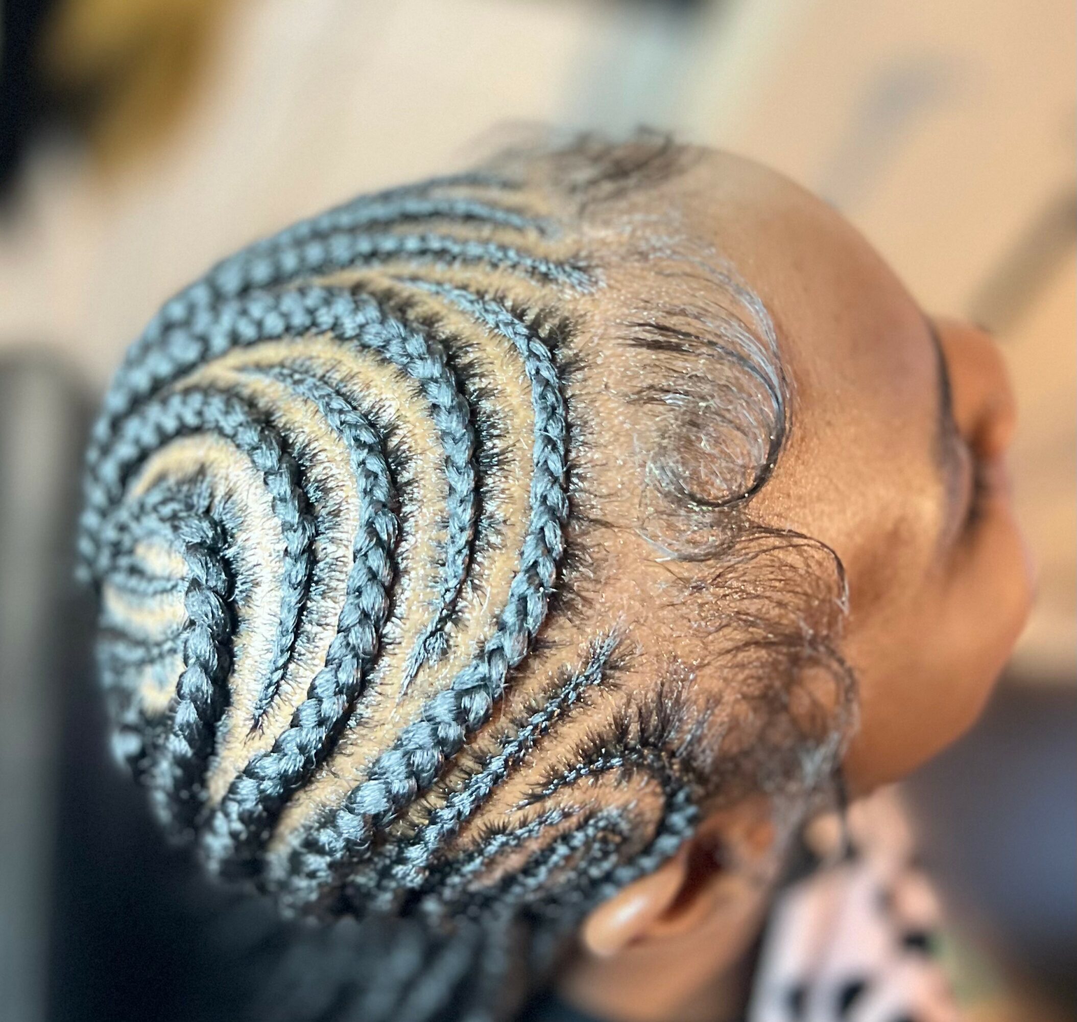 Close-up of a person's head with intricate braided hairstyle, featuring light-colored and dark-colored braids in a spiral pattern.