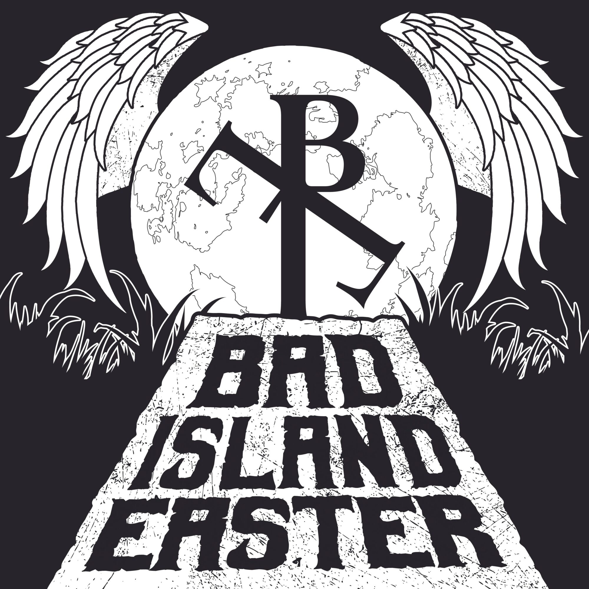 Design with wings, a moon, and text reading 'Bad Island Easter' in bold letters.