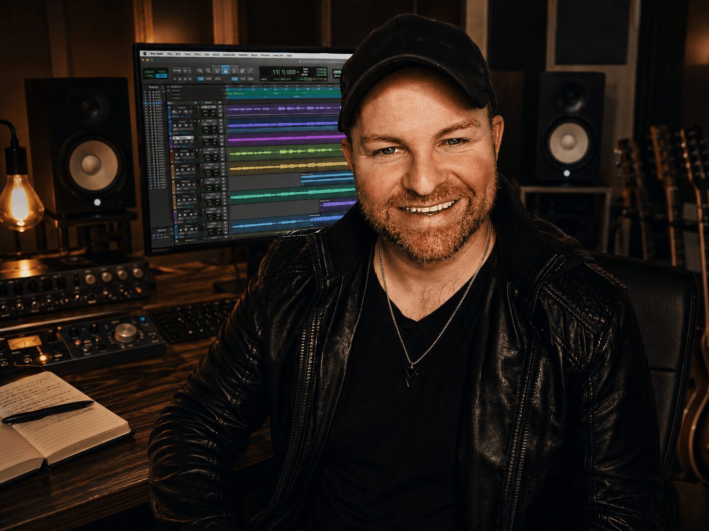 Man with a beard smiling in a music studio, surrounded by audio equipment and guitars.