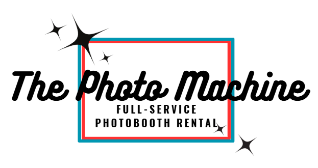 Logo with text 'The Photo Machine' and 'Full-Service Photobooth Rental' inside a colorful square, with star-like sparkles.