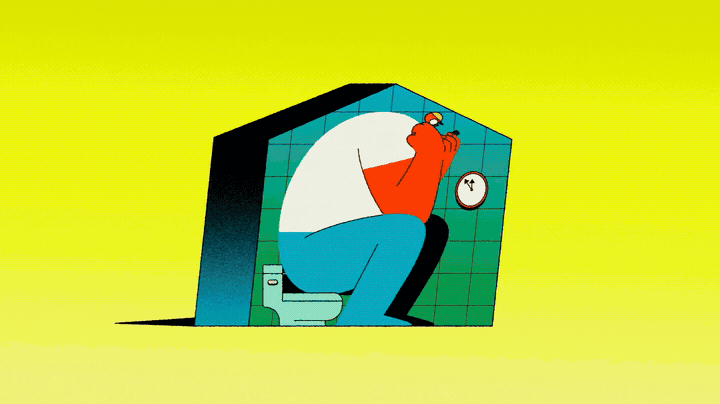 Person sitting on a toilet with a red cat on their lap, in a bathroom with green tiles, against a yellow background.