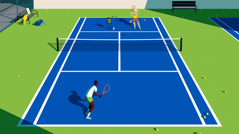 Two people playing tennis on a blue court with a net, surrounded by green grass and a bench, with a fence in the background.