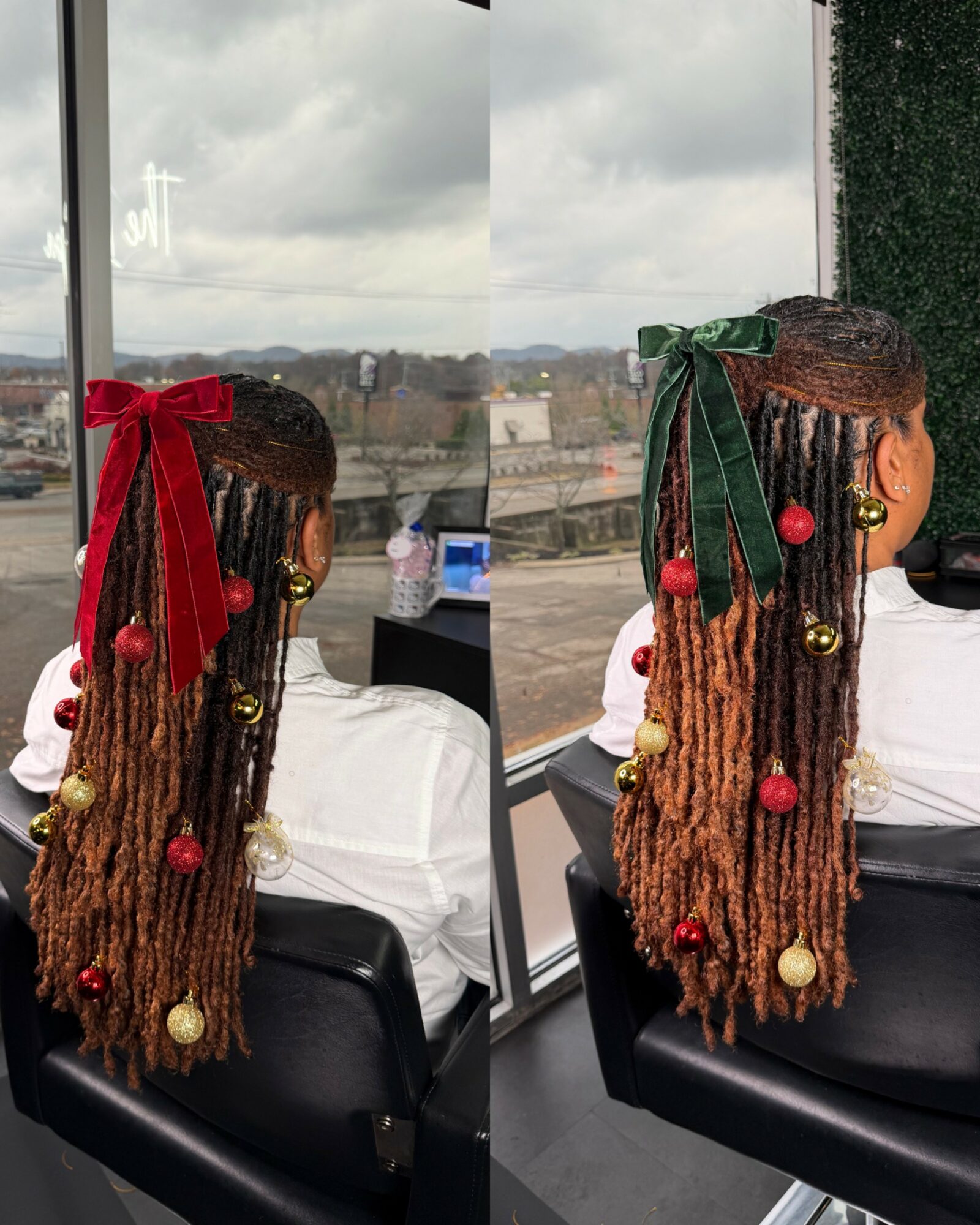 Woman with long braided hair decorated with red, green, and gold ornaments, sitting by a window with cloudy sky.
