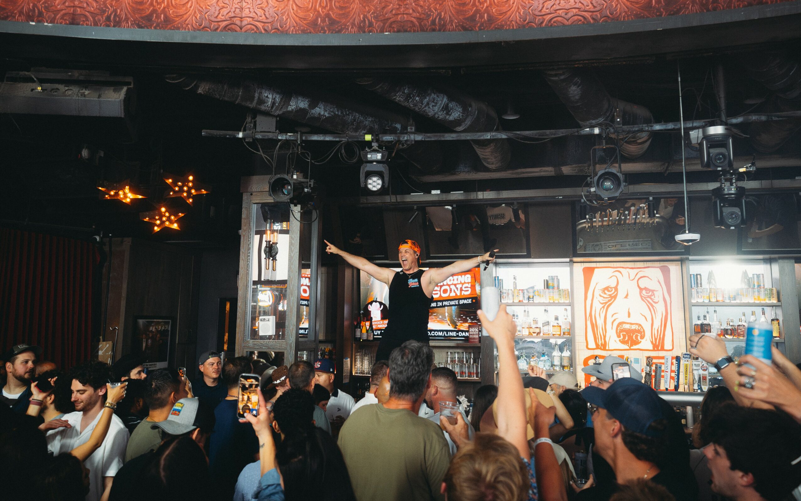 Performer on stage with arm outstretched, audience taking photos, stage lights, and artwork in background.