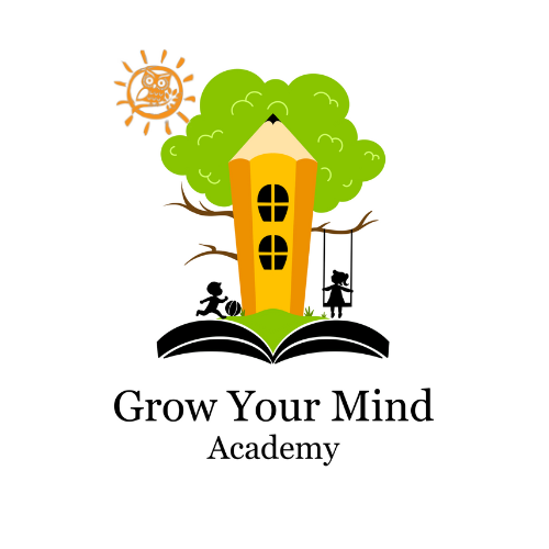 A tree with a house in the center, children playing, a sun with a face, and open book at the bottom, representing growth and learning.