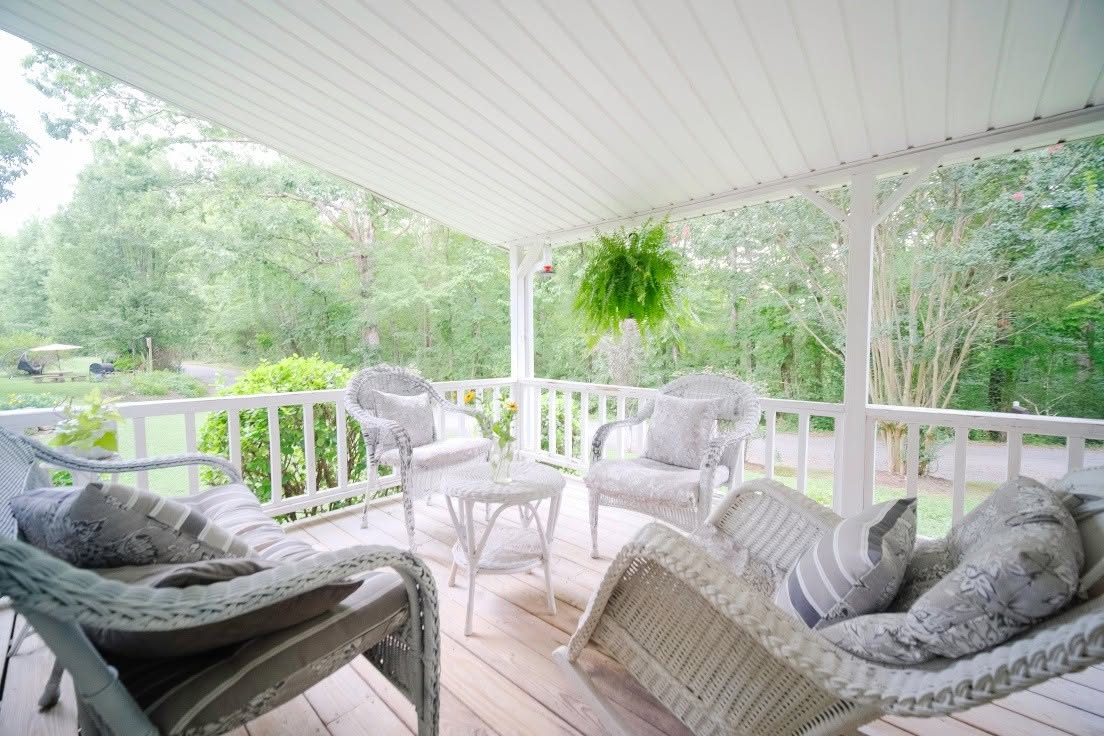 Porch with white furniture, hanging plant, and view of trees and greenery, covered by a white ceiling and railing.