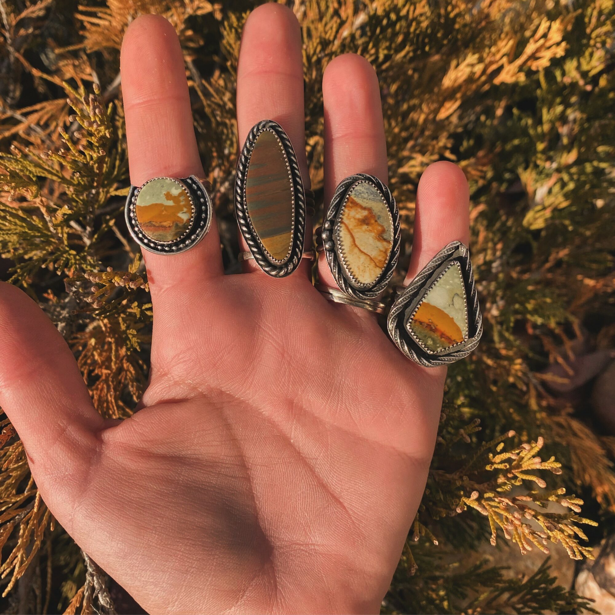 Hand wearing five rings with oval, teardrop, and round shapes, featuring orange and yellow stones, against green foliage background.