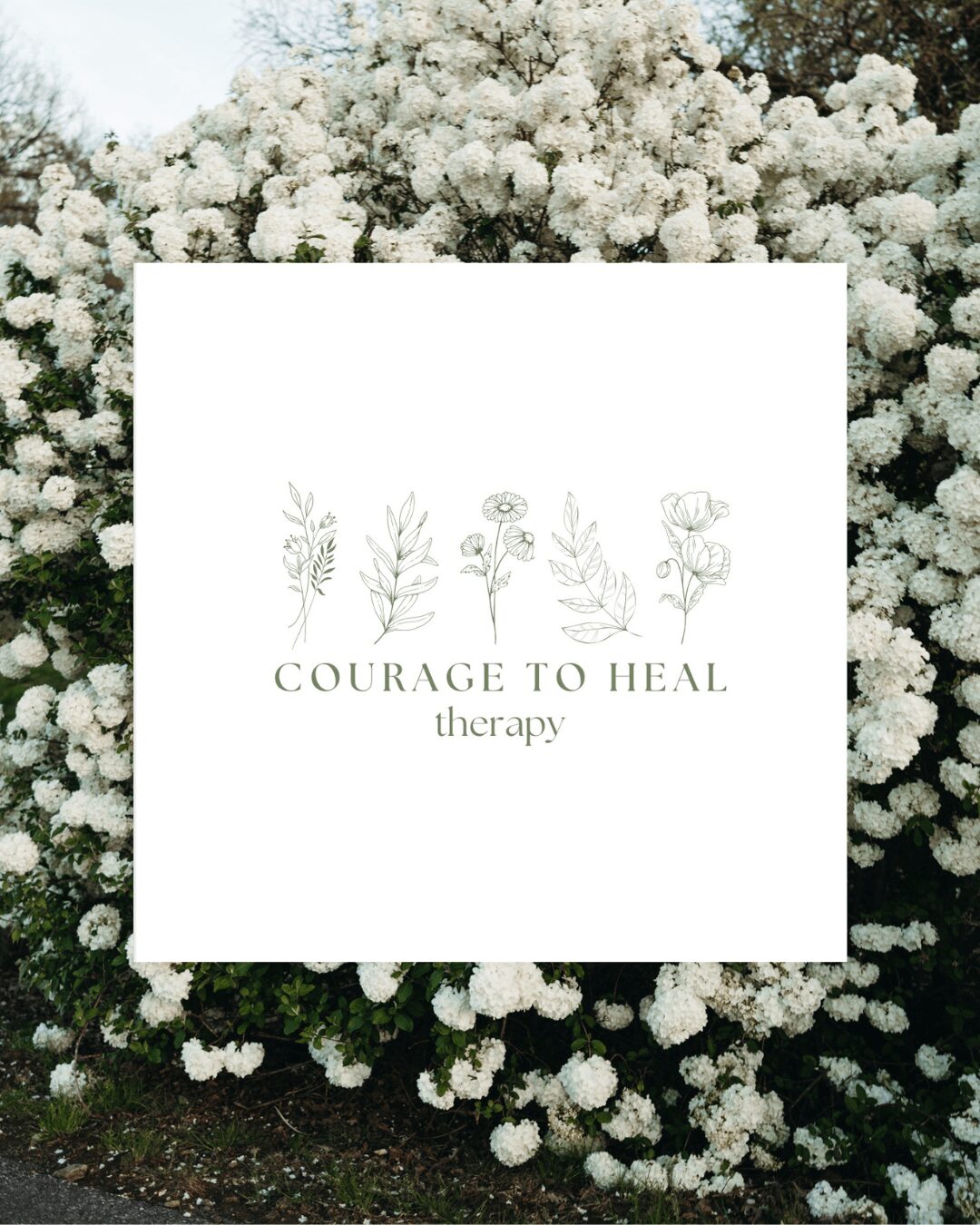 White square with floral illustrations and text, over a background of white flowering bushes.