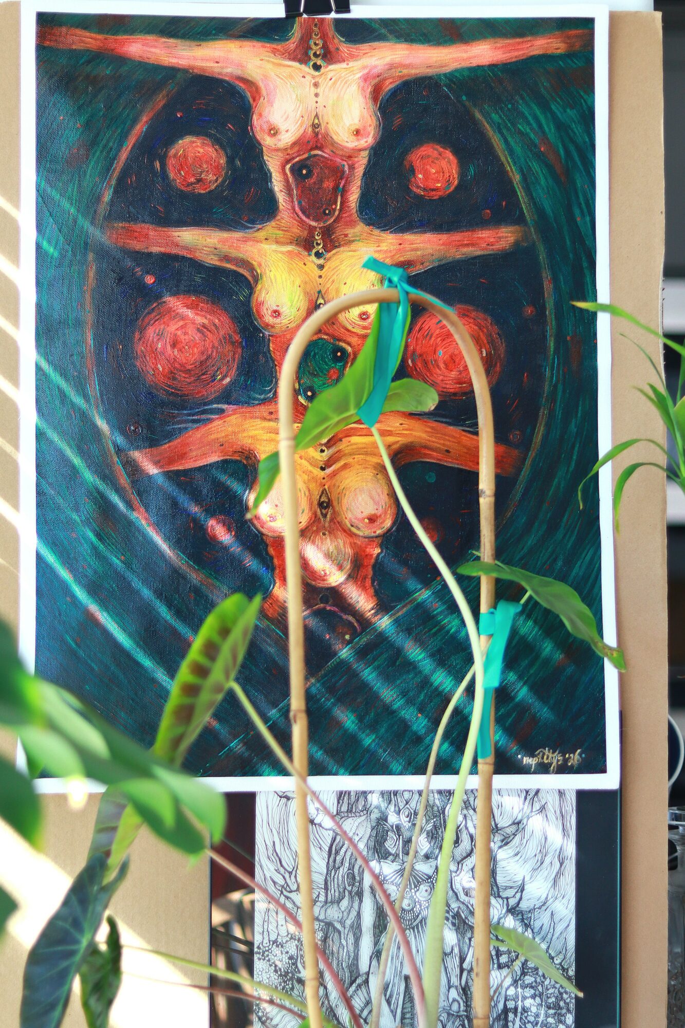 A surreal painting with multiple female figures and red spheres, set against a dark background with swirling patterns.