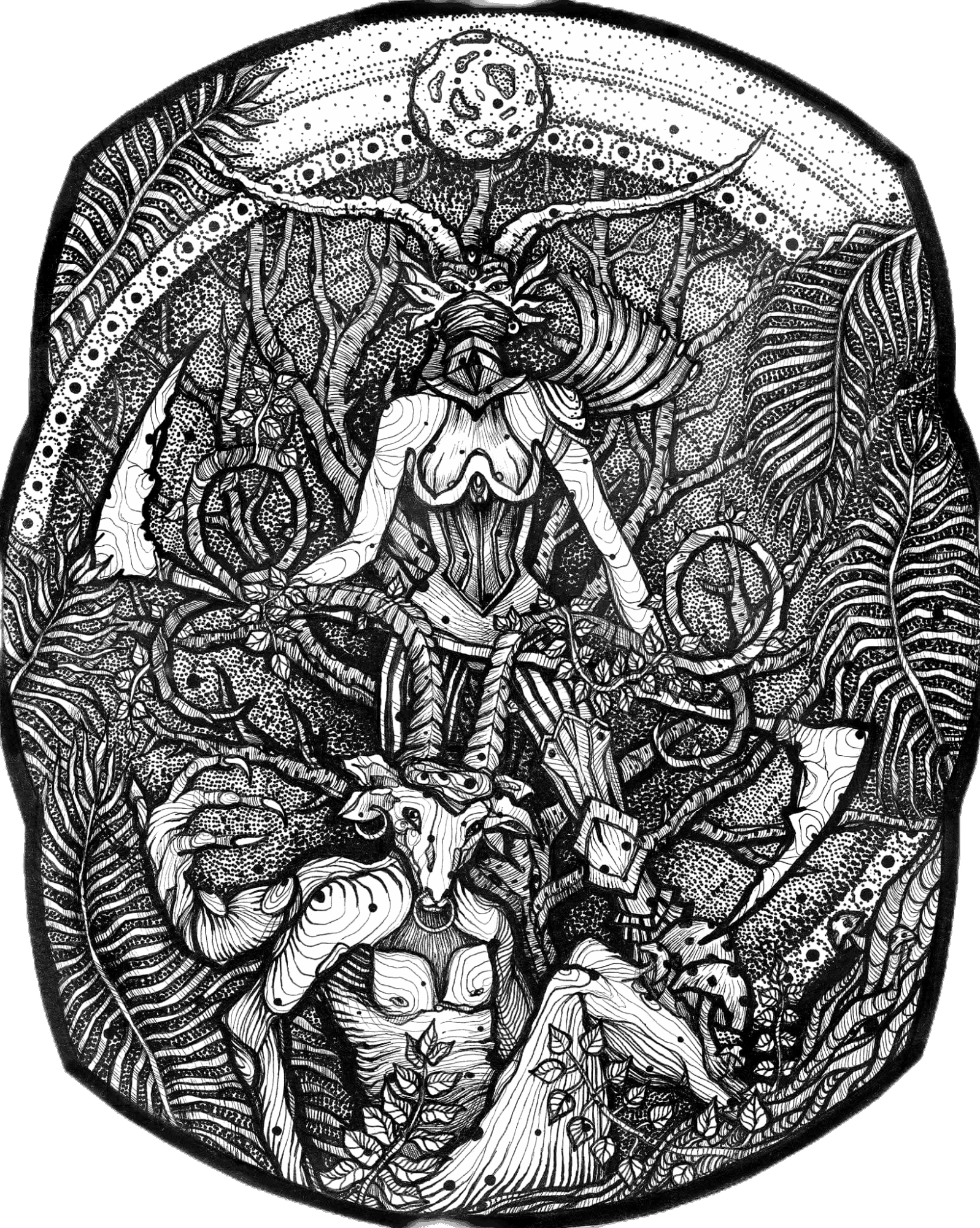 A detailed black and white illustration of a mythological figure with animal features, surrounded by nature and mystical symbols.