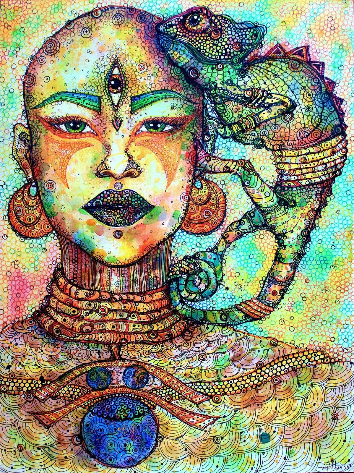 Colorful portrait of a woman with a chameleon on her shoulder, intricate patterns, and vibrant details.