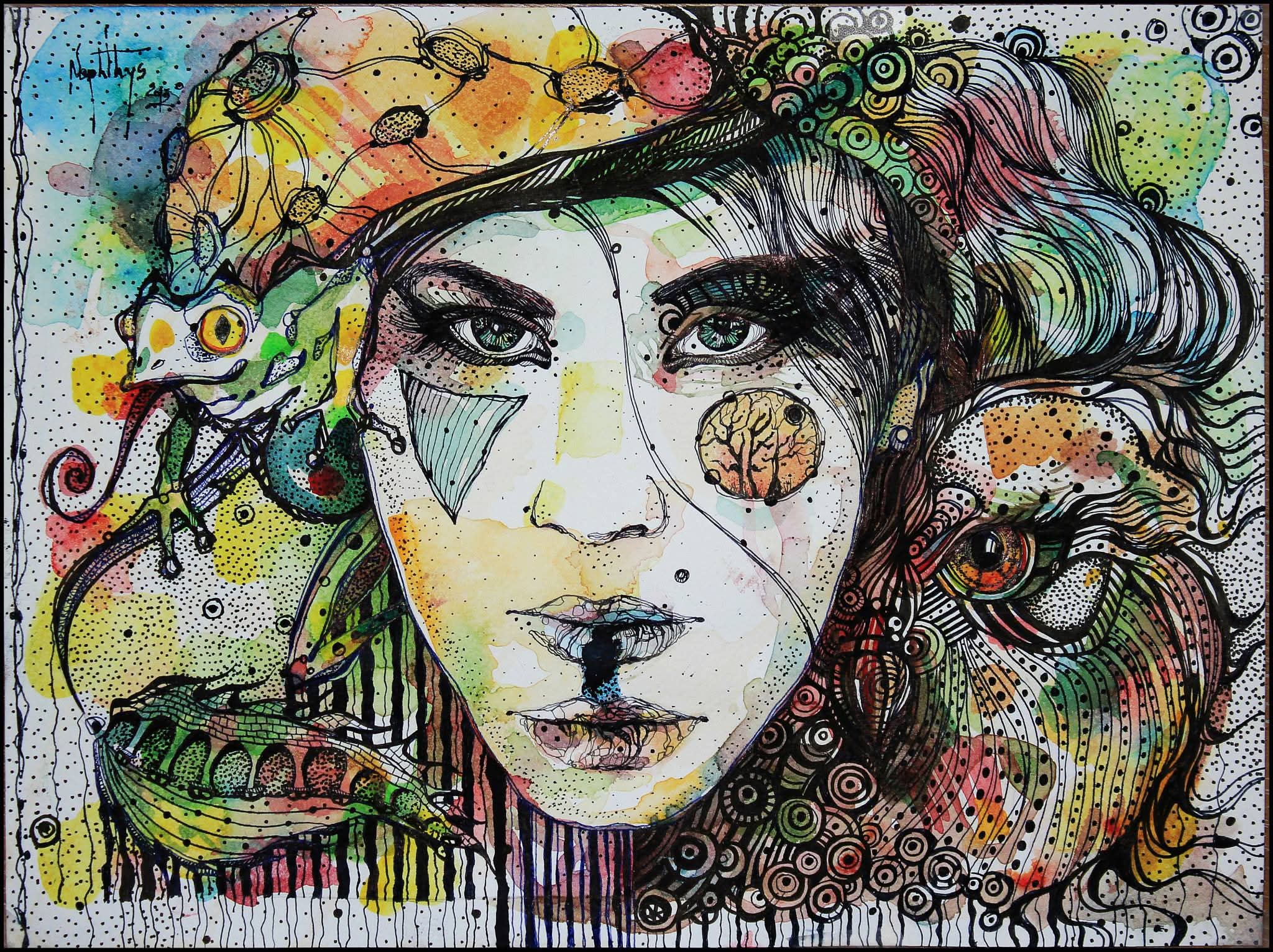 A colorful, abstract portrait of a woman with detailed eyes, surrounded by various artistic elements and patterns.