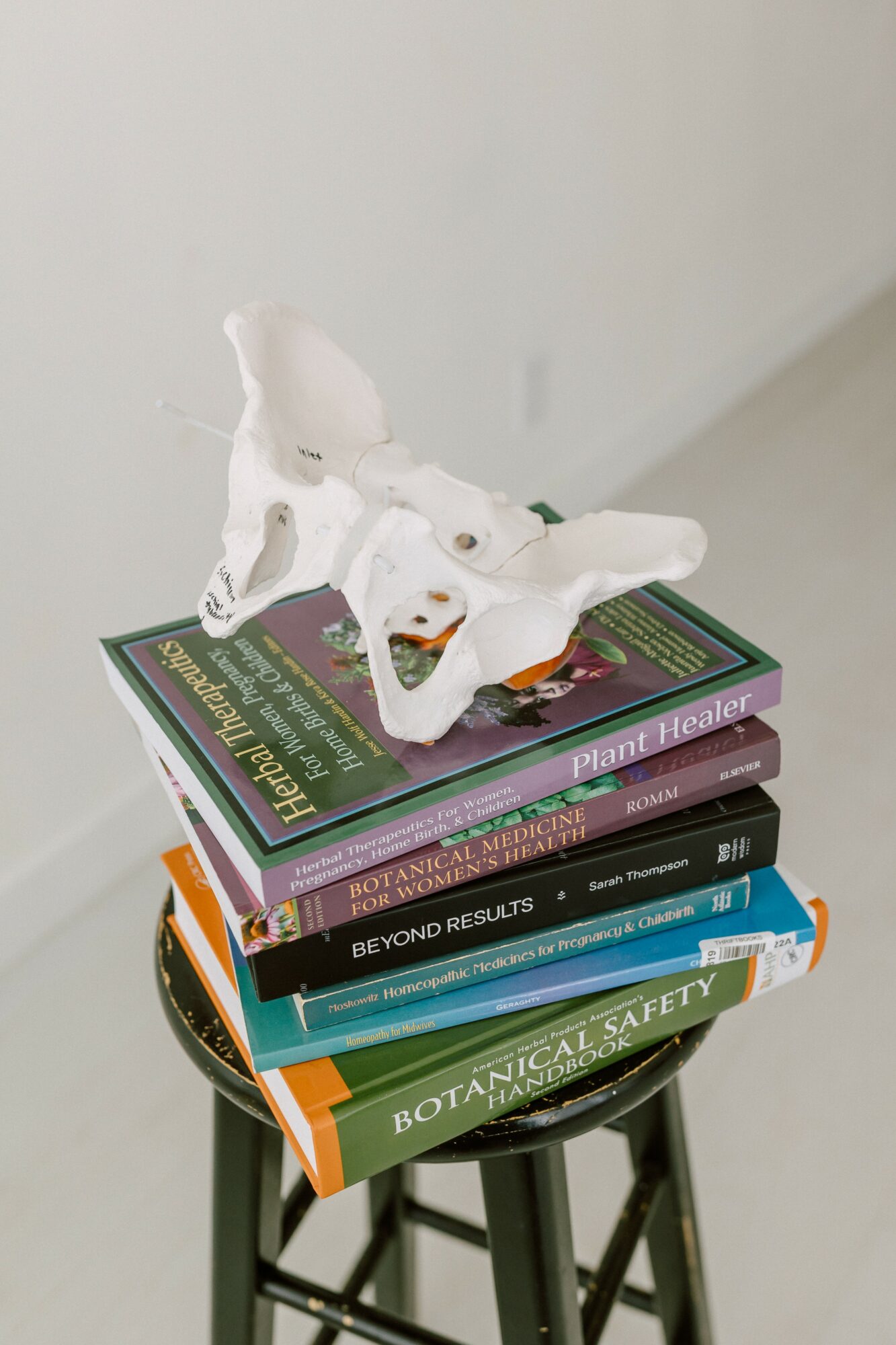 A white plastic animal figure is placed on top of a stack of books on a black stool, against a plain white wall.