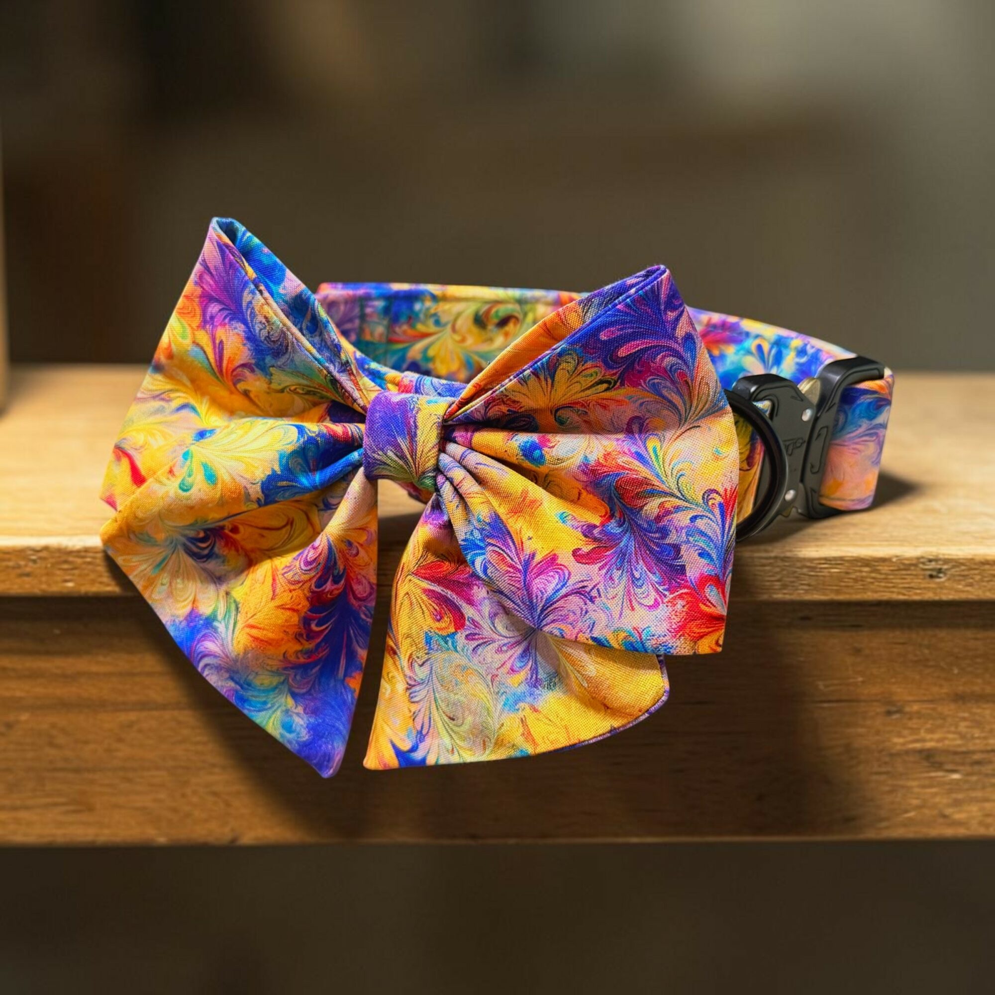 Colorful bow tie with a floral pattern on a wooden surface, attached to a black strap.