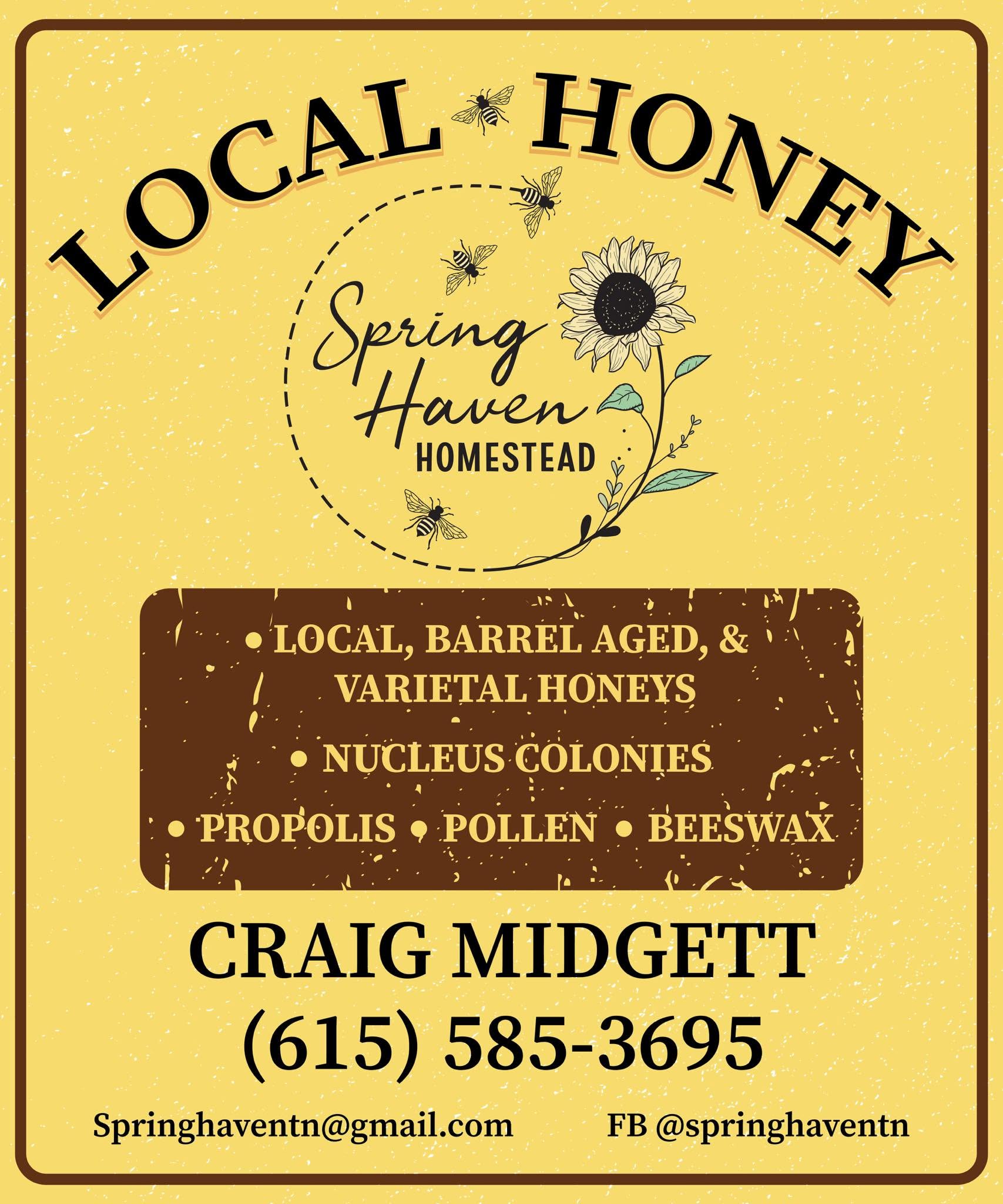 Honey label with sunflower, bees, and text about local honey, spring haven homestead, and contact info.