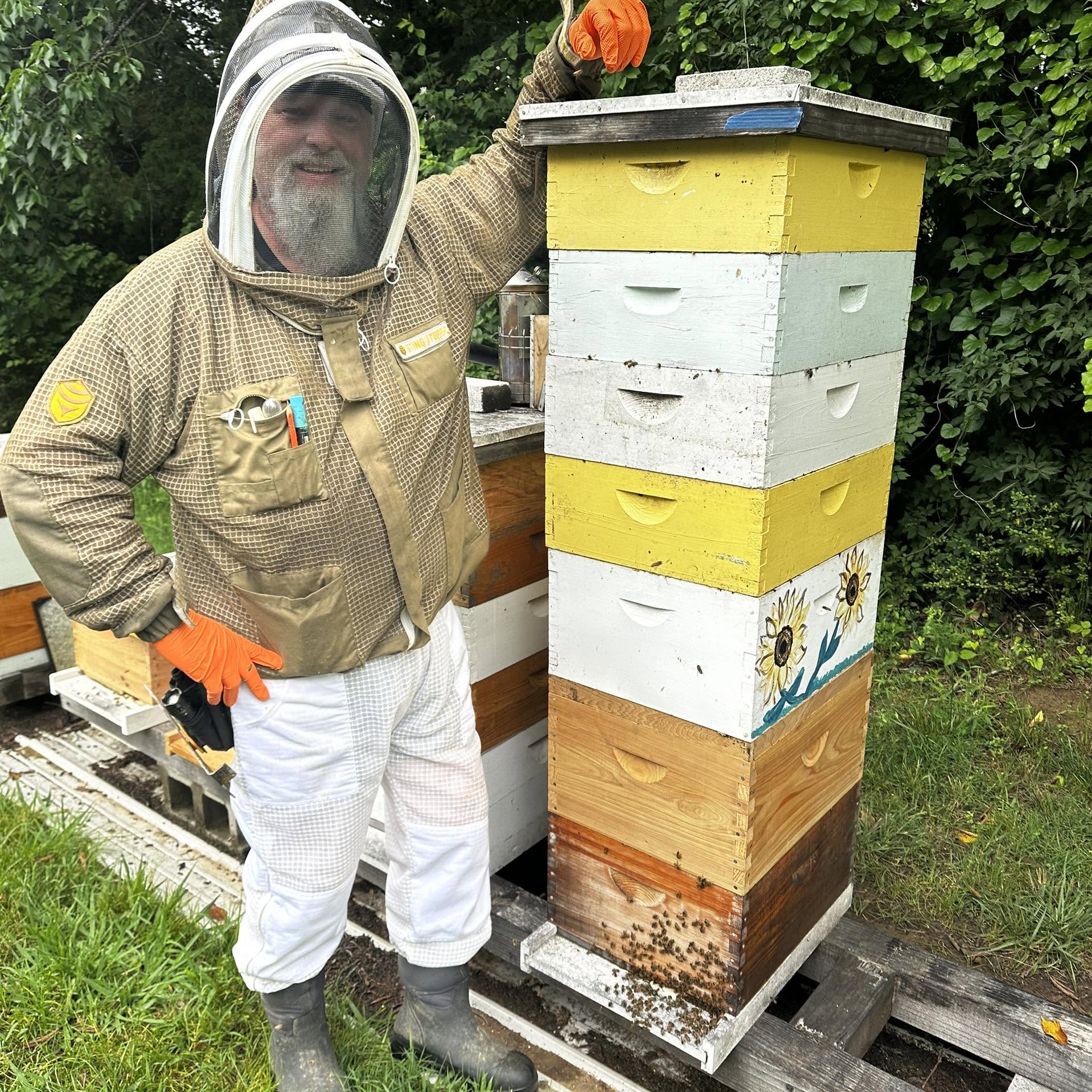 Person in beekeeping suit standing next to a colorful beehive outdoors, surrounded by greenery.