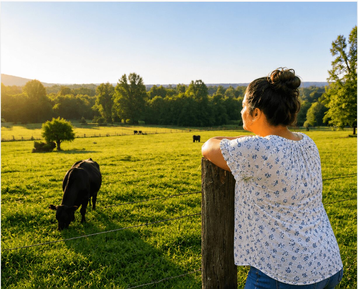 Child leaning on a wooden post watching a cow grazing in a green field with trees and a blue sky.