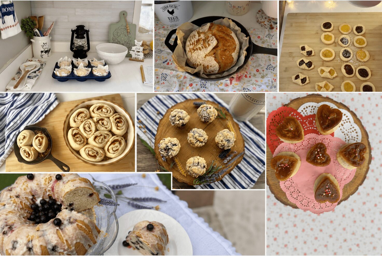 Collection of various baked goods and desserts including cookies, cupcakes, and pastries on plates and tables.