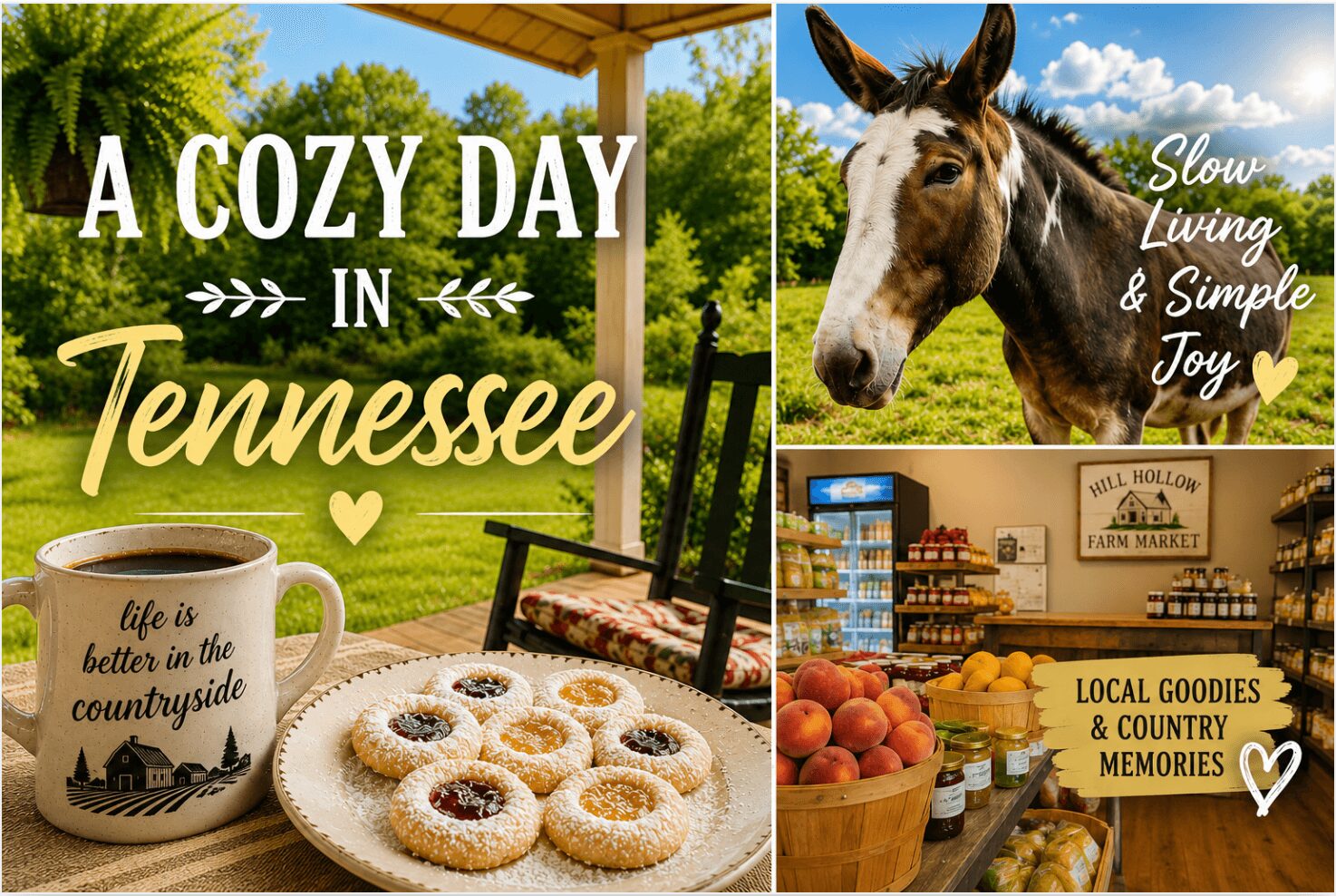 Collage of Tennessee scenes with cozy outdoor setting, horse, and local store with baked goods and produce.