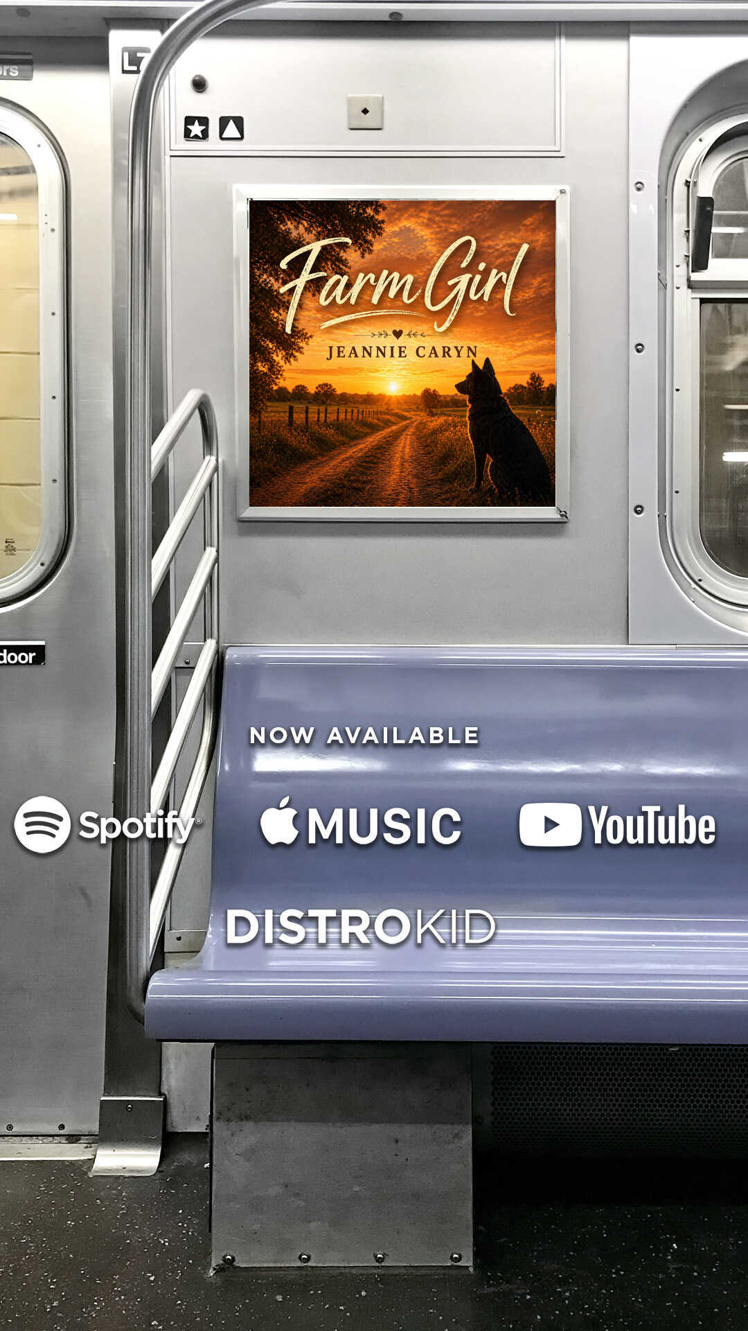 Train interior with a poster of a farm scene, a bench, and advertisements for music and YouTube.