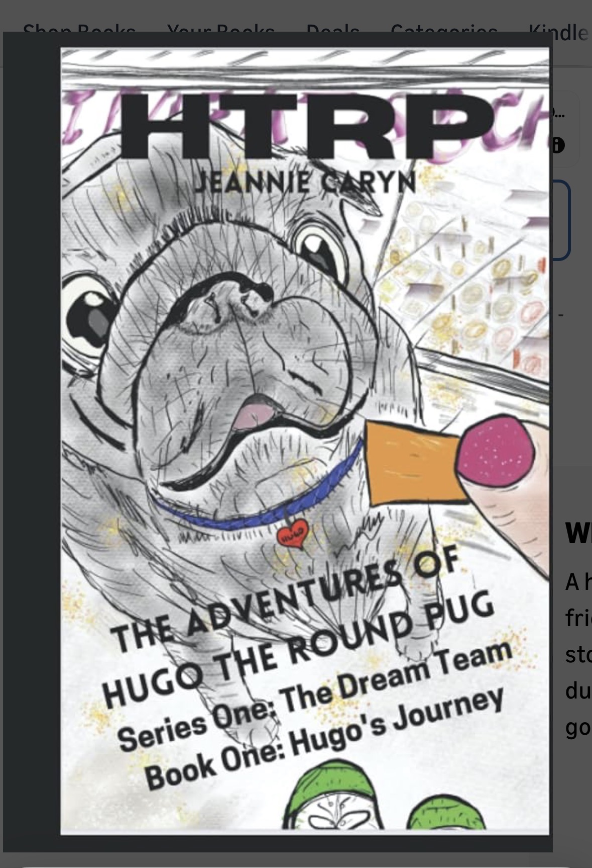Book cover featuring a detailed sketch of a dog with a pink ball, title 'HTRIP' and author Jeannie Caryn, with additional text.