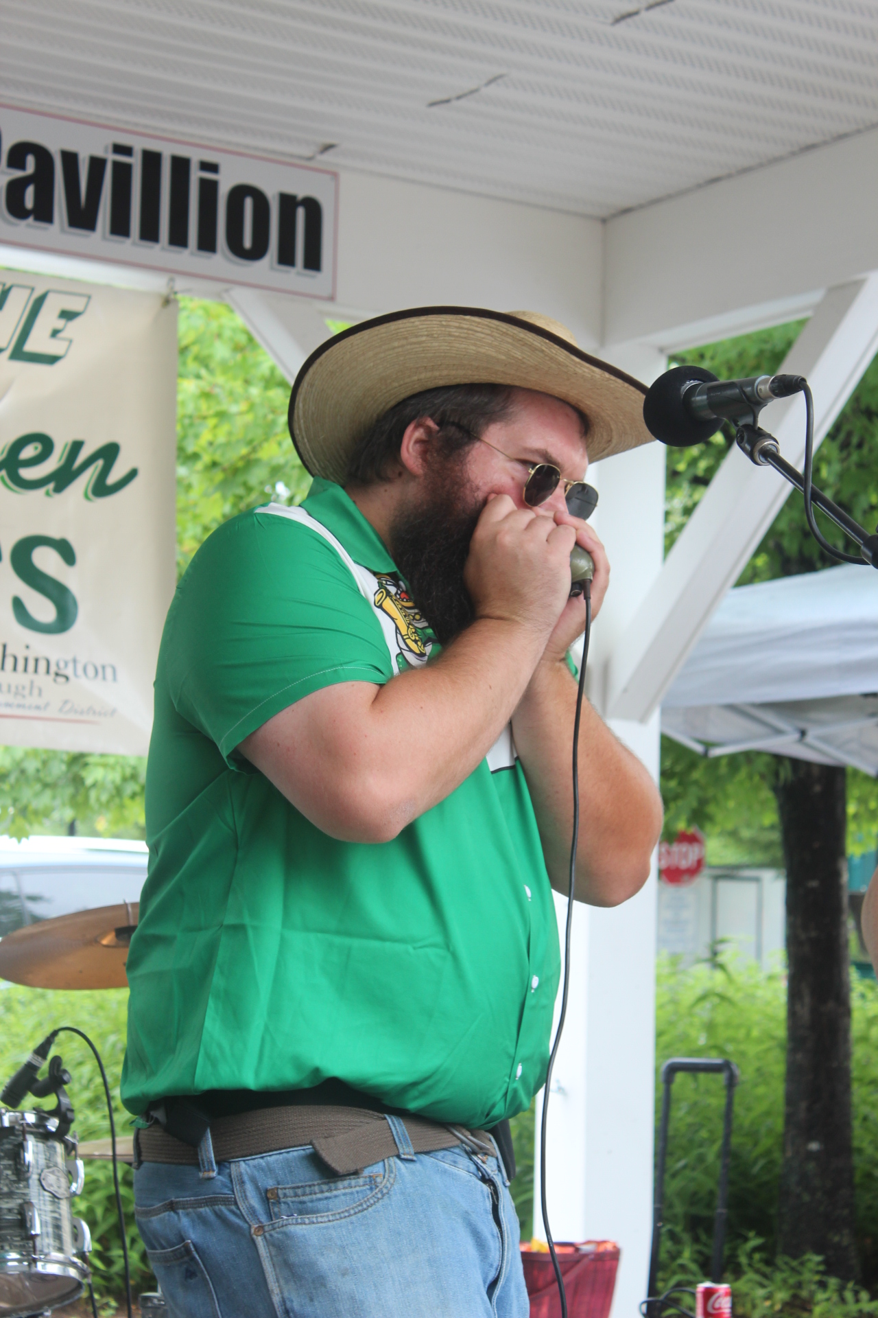 Man wearing a hat and sunglasses playing harmonica at an outdoor event, standing near a microphone, with trees and a banner in background.