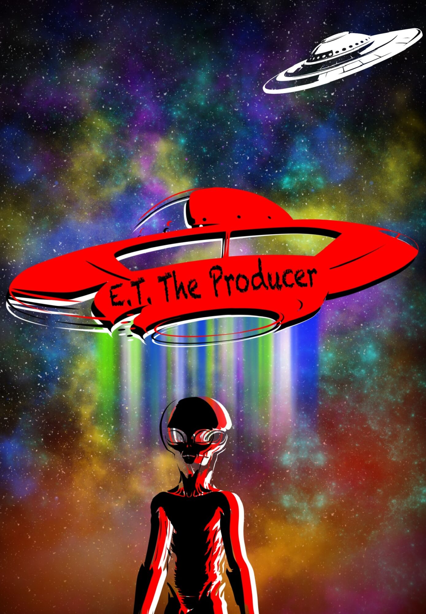 A person with a helmet stands in front of a colorful cosmic background with a spaceship and UFO above, and a red banner reading 'E.T. The Producer'.