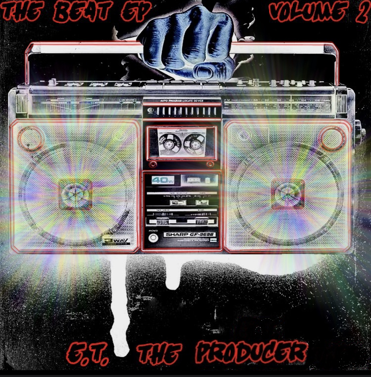 Hand holding a transparent boombox with colorful speakers, text reads 'The Beat GP Volume 2' and 'G.T.O. The Producer', black background.