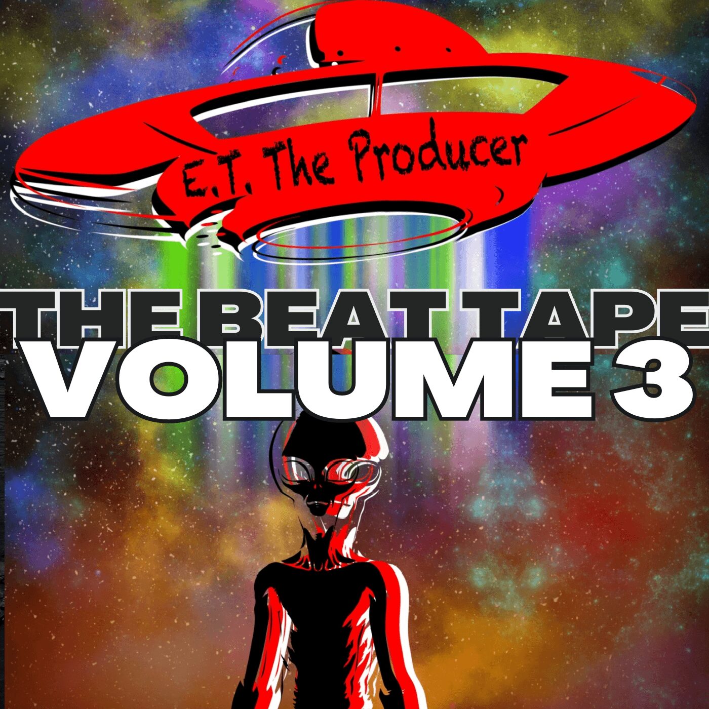 A colorful space background with a red spaceship labeled 