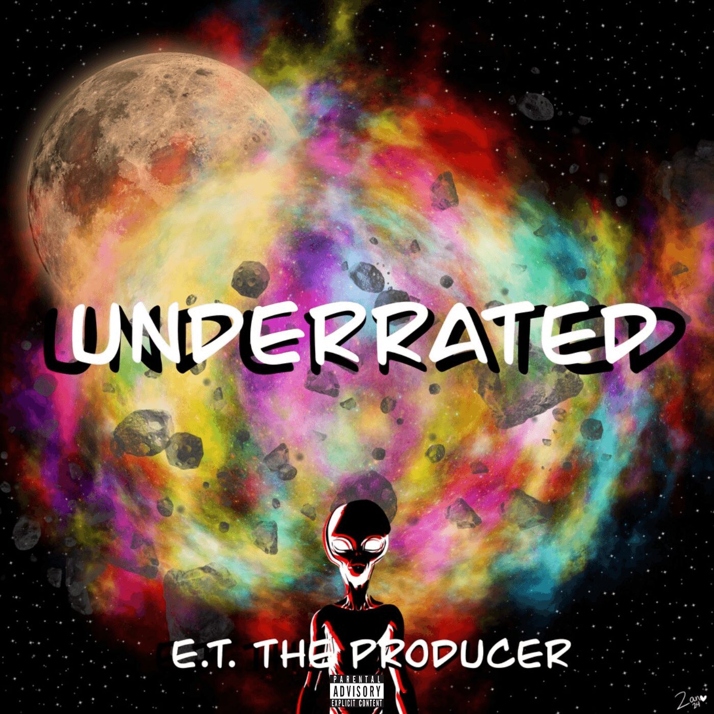 Colorful cosmic background with moon, asteroid debris, and alien figure, with text 'UNDERRATED' and 'E.T. THE PRODUCER'.