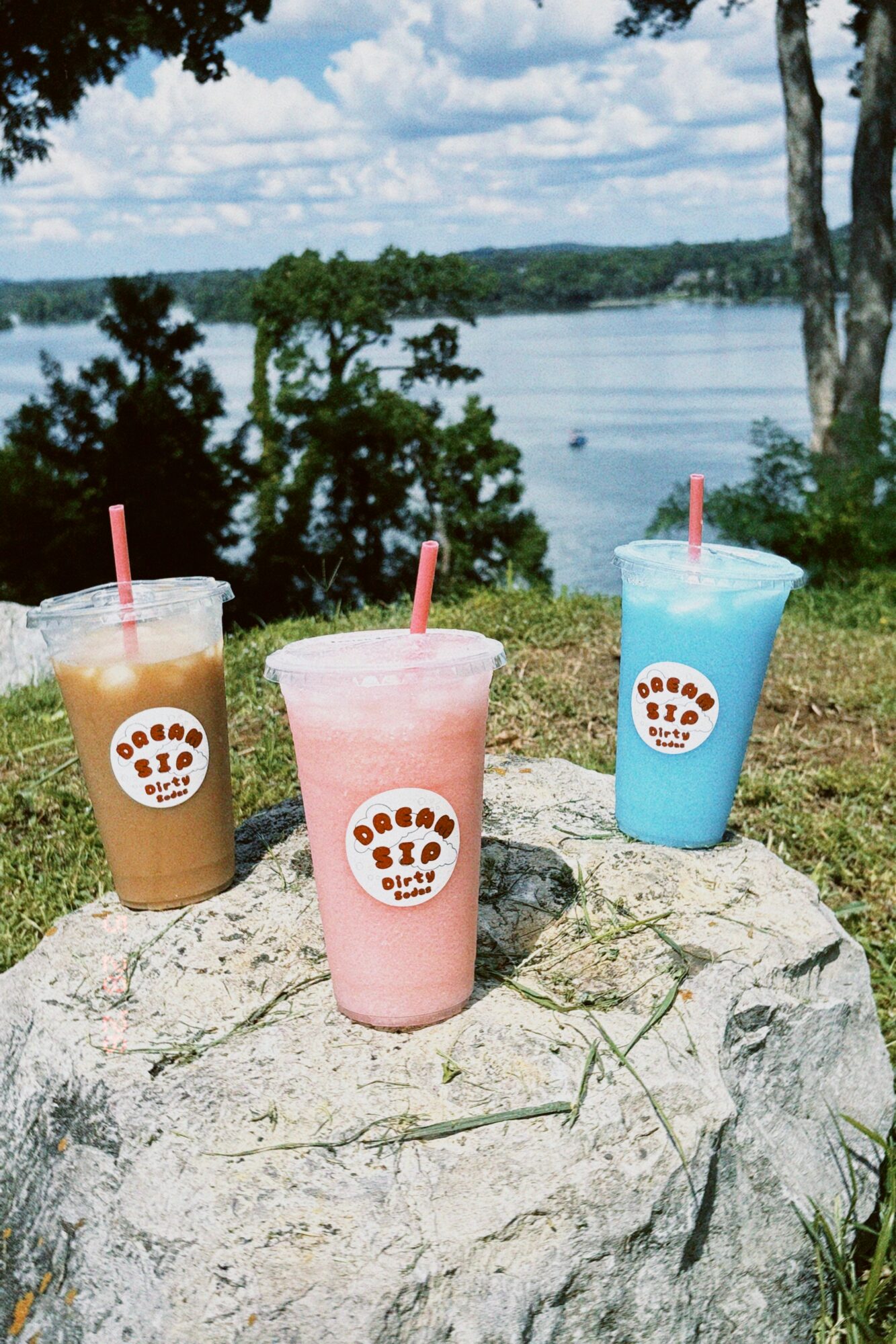 Three colorful drinks with straws on a large rock outdoors, with a lake and trees in the background.