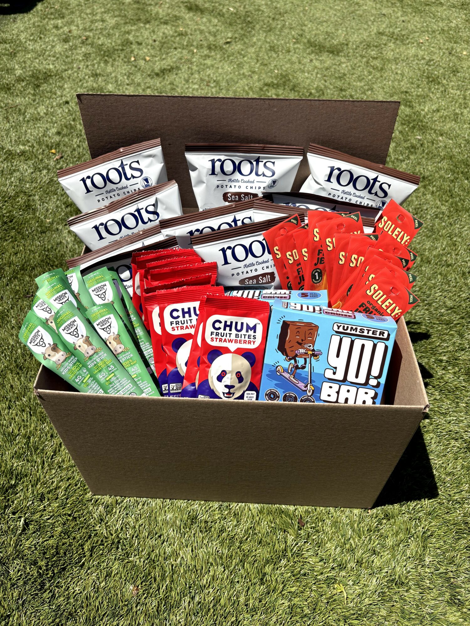 Open box filled with snack packages on grass, including Roots, Squeez, Chum, and Juicy bars.