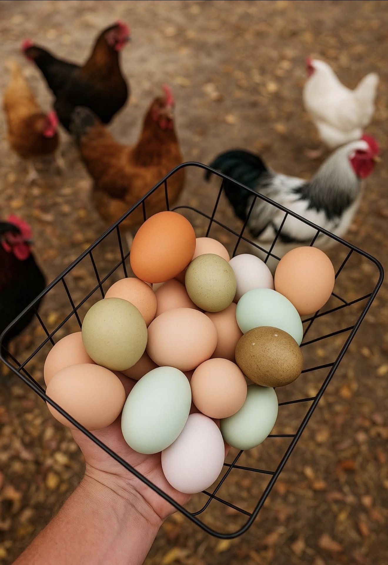 Hand holding a basket of colorful eggs with chickens in the background outdoors.