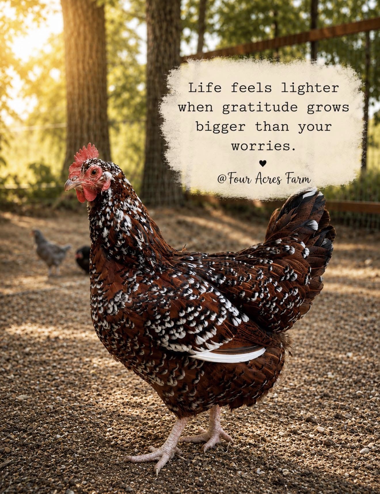 A chicken standing outdoors on dirt with trees in the background, sunlight filtering through leaves, and a quote about gratitude.