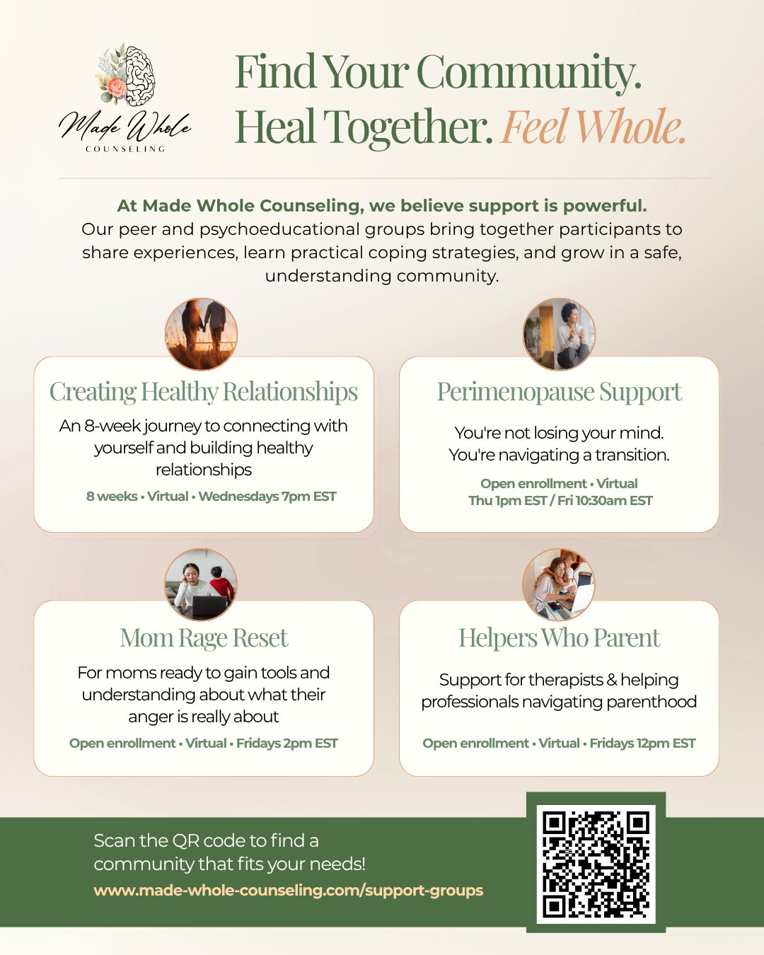 Community support and counseling services flyer with text, QR code, and images of people, promoting mental health and relationships.