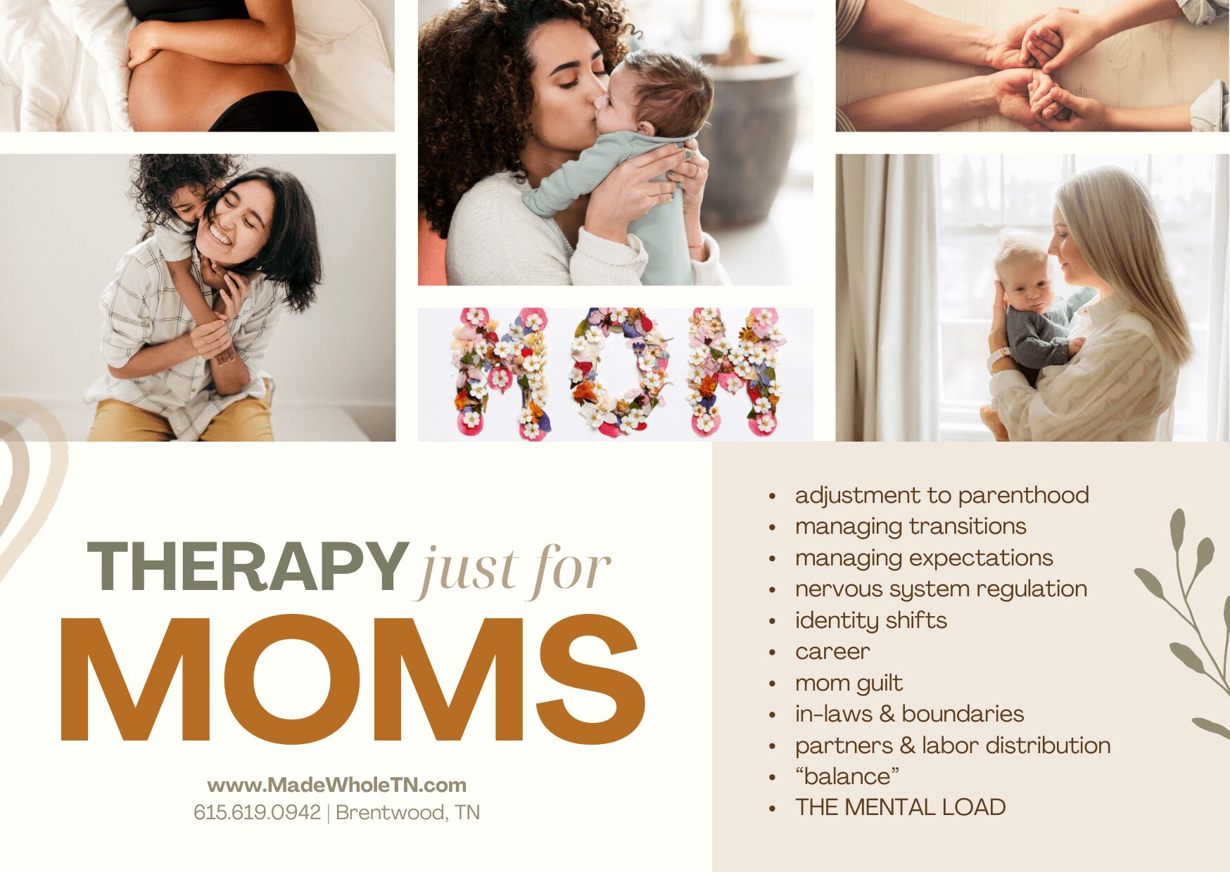 Collage of women and children, with the words 'Mom' and 'Therapy just for Moms' and a list of topics related to motherhood.