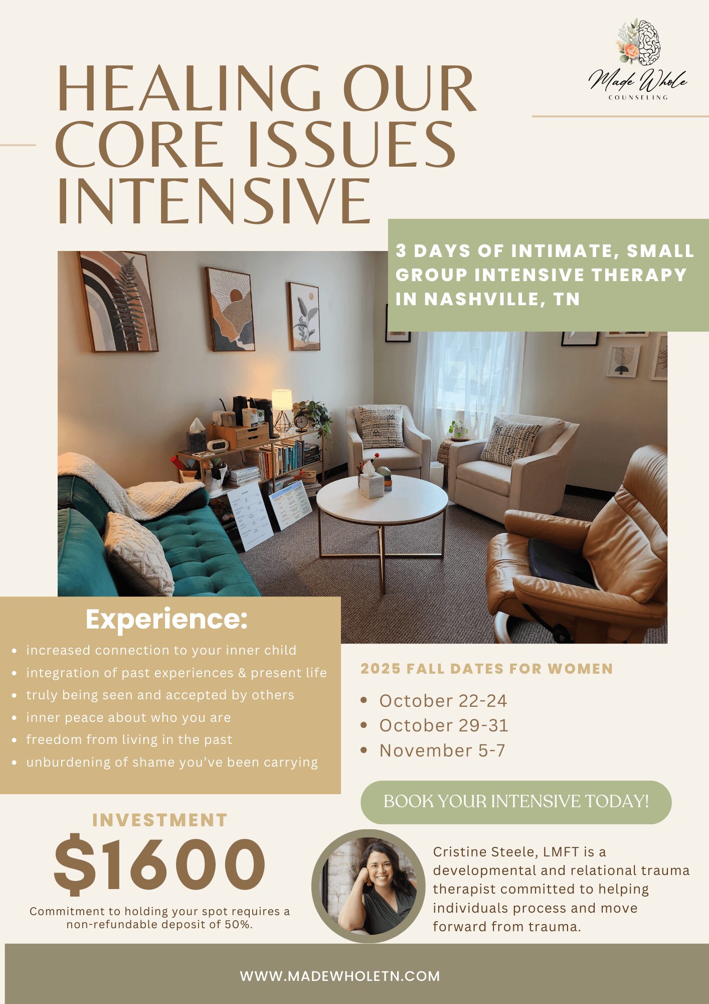 Room with chairs, a table, and framed pictures on the wall, promoting healing and therapy services.