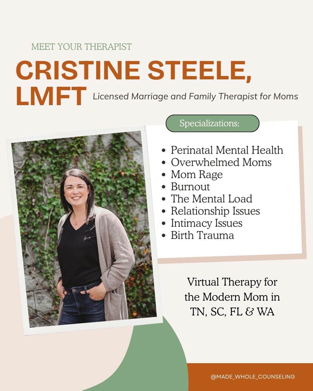 Woman smiling outdoors, holding a sign listing therapy specializations, with text about virtual therapy for moms.