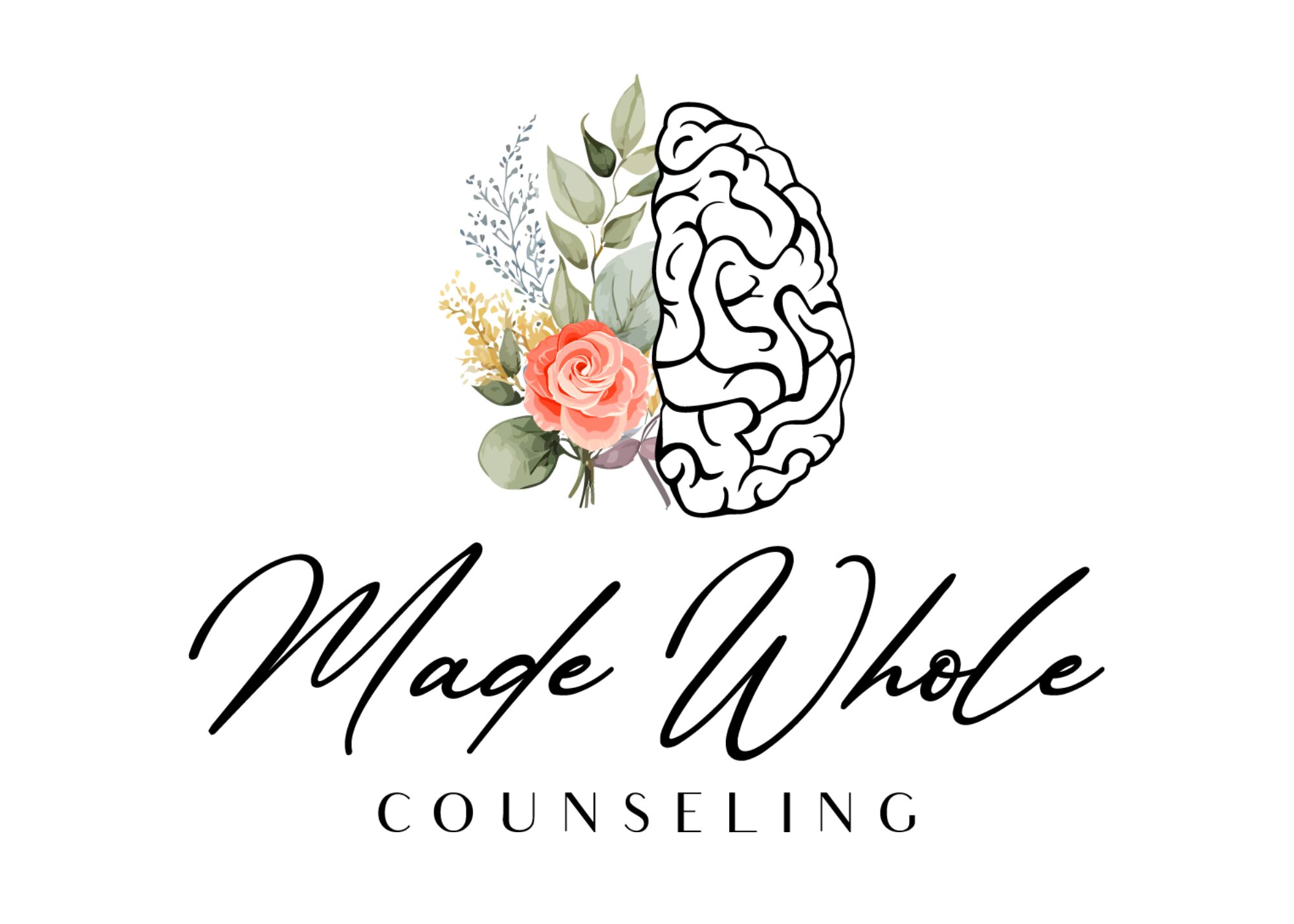 A logo with a floral arrangement and a brain illustration, with the text 'Made Whole Counseling'.