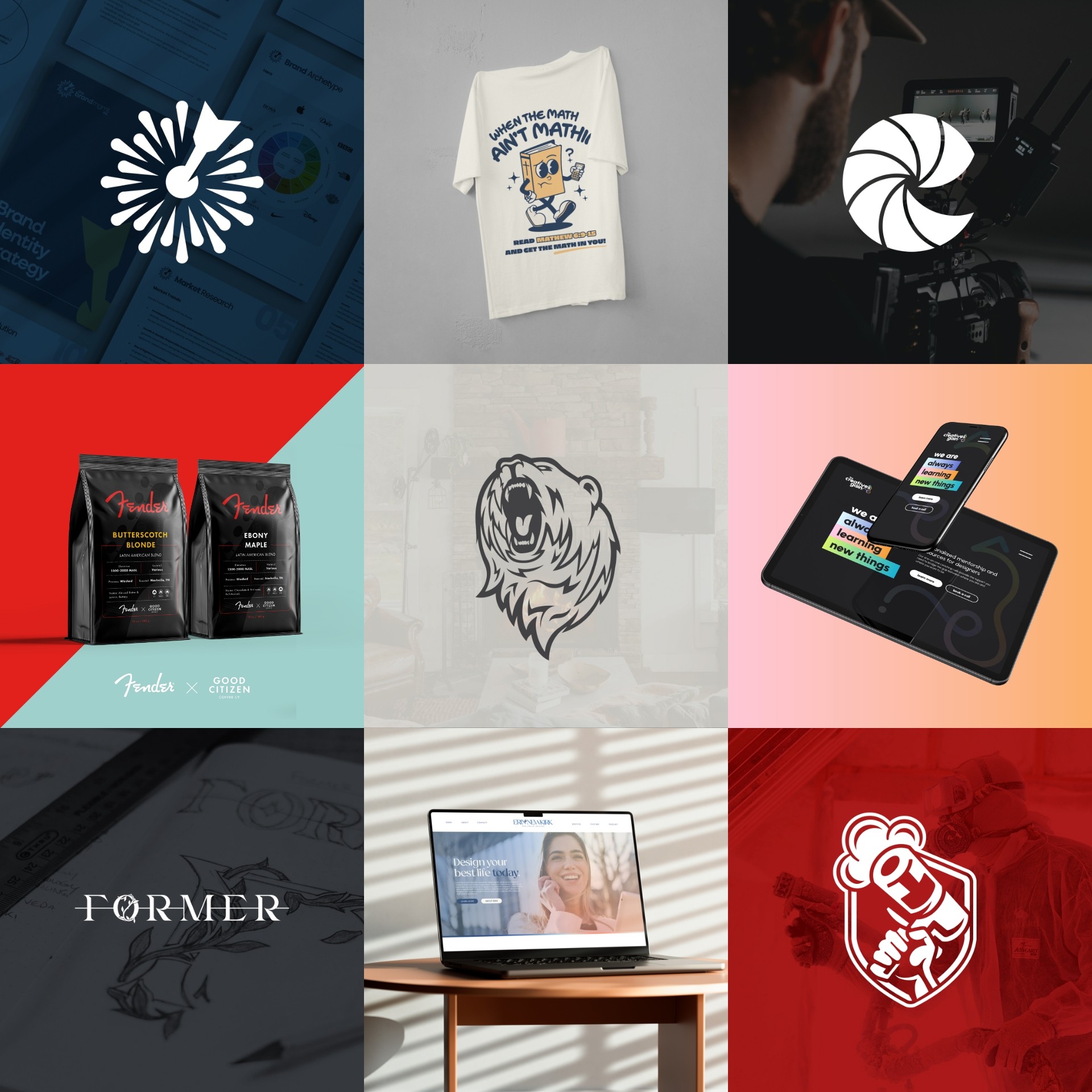 Six images: loading icon, paper towel with logo, camera lens icon, coffee bags, lion illustration, smartphone with app, laptop with text, laptop with person, logo with text, laptop with person, red background with logo.