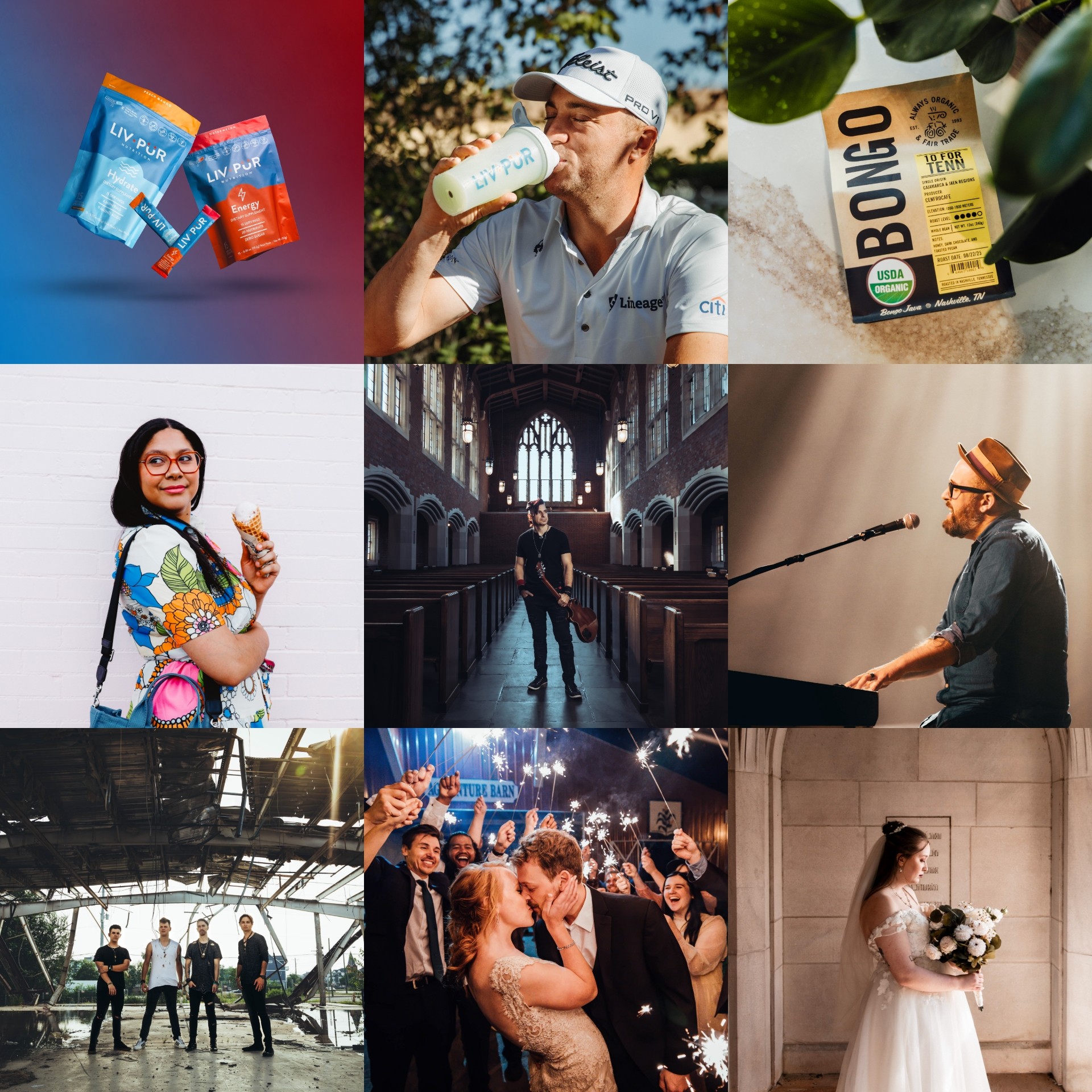 Top row: snack packets, person drinking from bottle, box of Bongo drink. Middle row: woman with ice cream, person in church, man with microphone. Bottom row: group in outdoor setting, couple kissing, woman holding flowers.