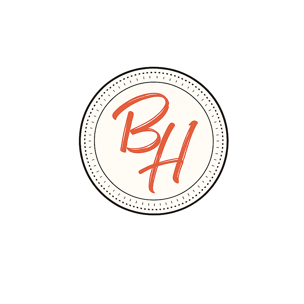 Black background with a white circular logo containing red stylized letters 'BH'.