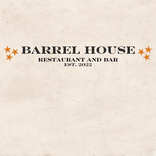 Logo for Barrel House restaurant and bar, established in 2022, with decorative stars on a beige background.