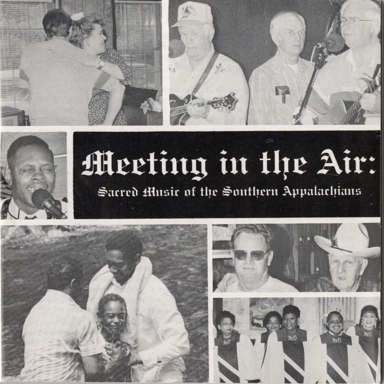 Group of people at a meeting, some with musical instruments, and a banner reading 'Meeting in the Air' with additional text. Four smaller images show people interacting and smiling.