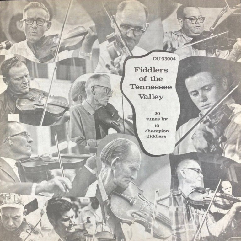 Black and white photo collage of musicians playing violins and a person conducting, with a central label about fiddlers of Tennessee Valley.
